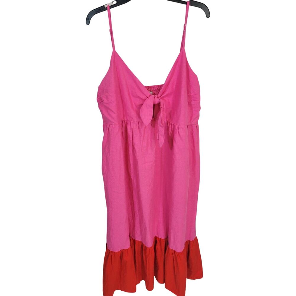 Tabitha Linen Dress‎ Midi Pink Two Tone ruffle Tie Bust Summer Womens SZ 1X